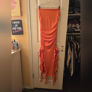 Bershka orange asymmetrical slit midi dress sz M